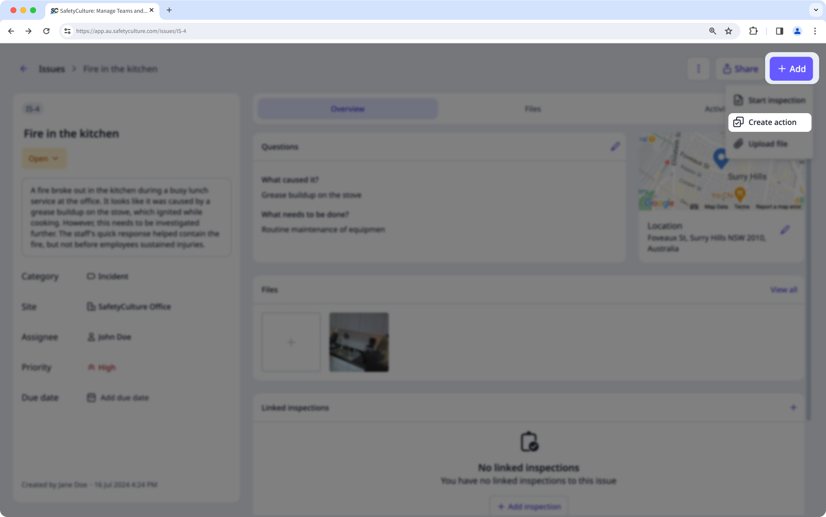 Create an action from an issue via the web app.