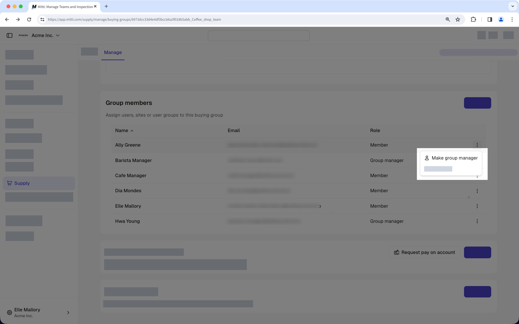 The buying group members page showing the option to change role of a user to a group manager.