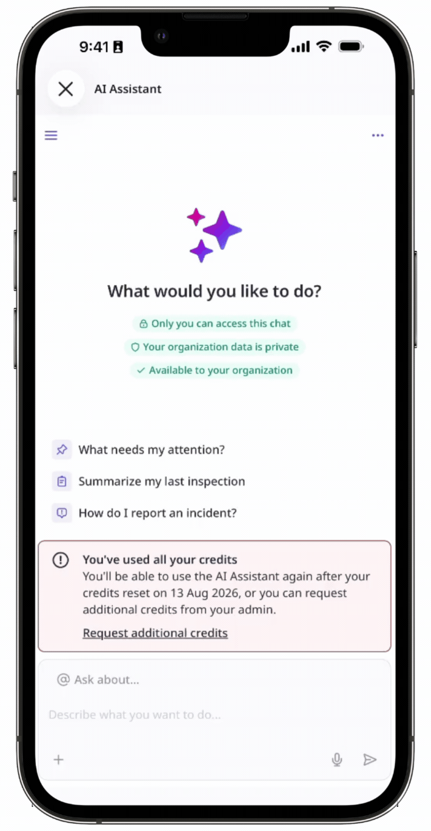 Tap Request additional credits in the AI Assistant to notify your billing admin for approval.