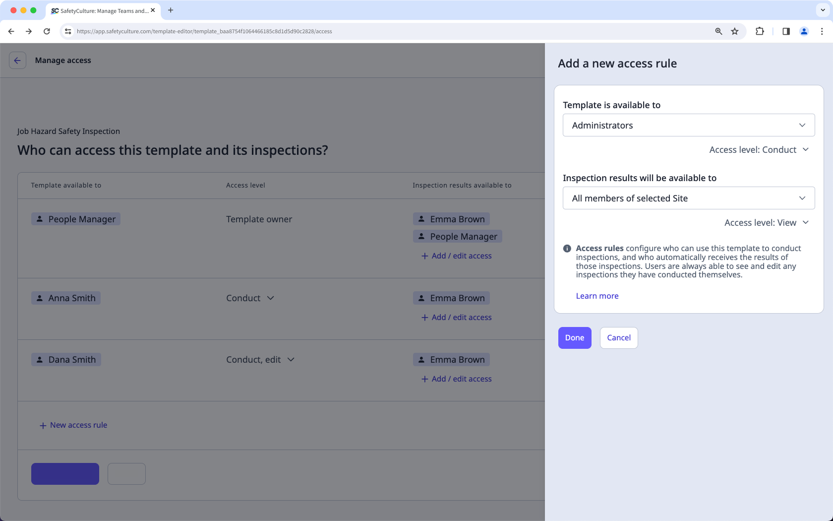 Assign advanced inspection access via the web app.