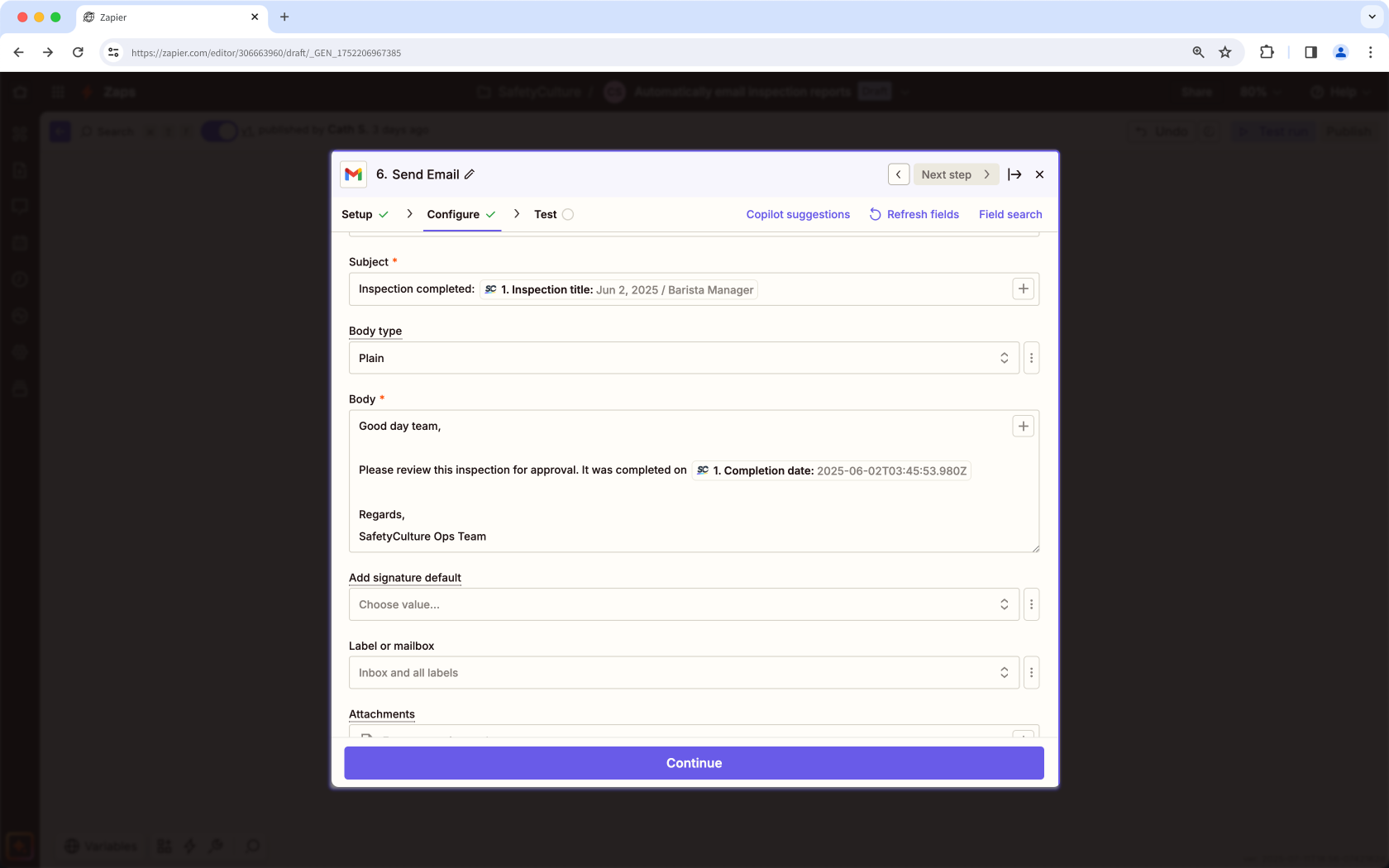 Enviar informes de inspección automáticamente por correo electrónico con Zapier a través de Gmail.