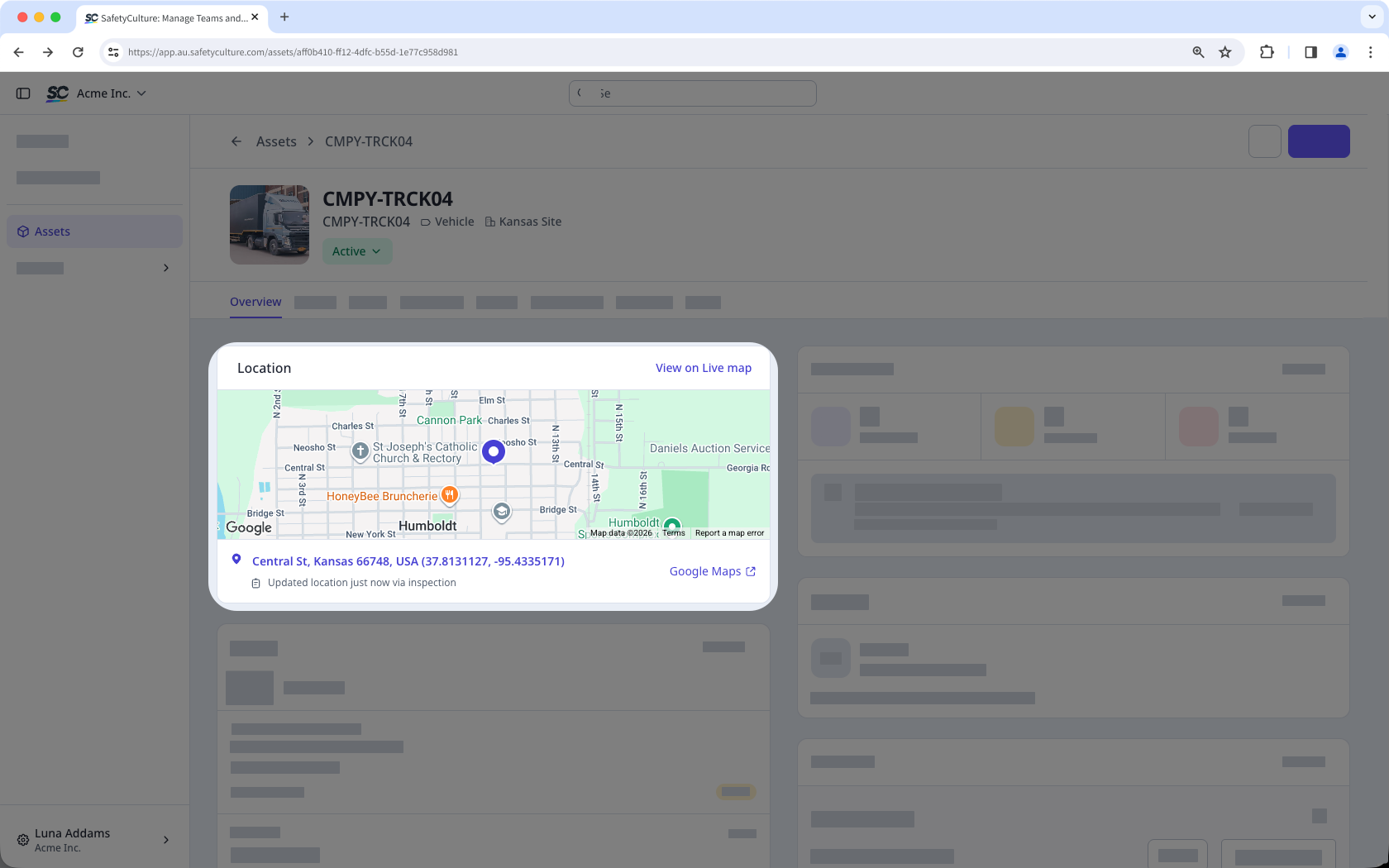 The location section on an asset's overview tab, showing a map with the asset's last known location.