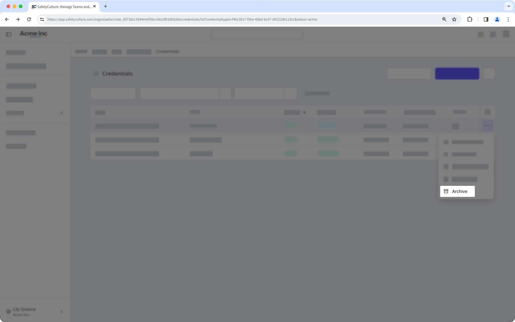 The credentials page with a credential's "Archive" button visible.