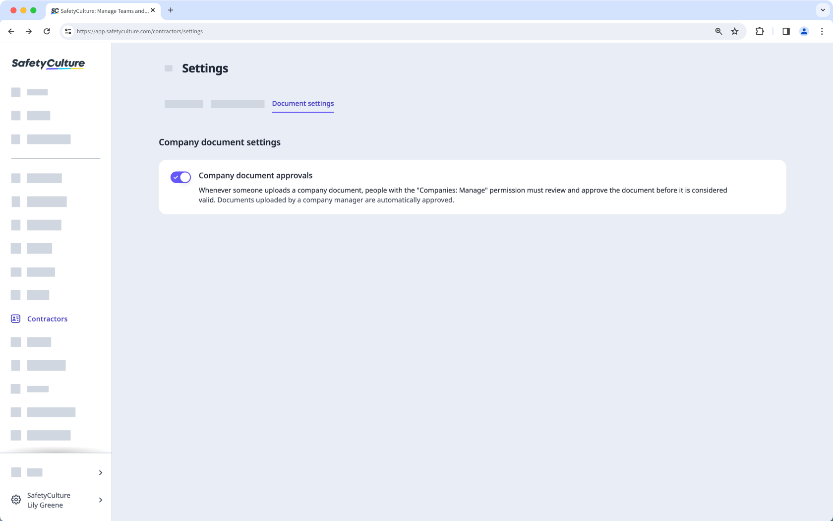 Activez ou désactivez les approbations de documents de société via l'application Web.