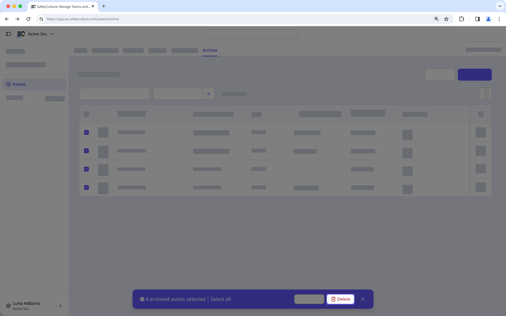 L'onglet Archiver sur la page Actifs avec des actifs sélectionnés et une option Supprimer visible.