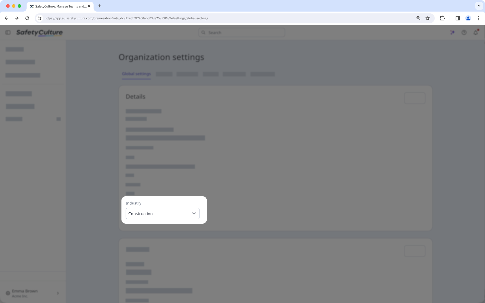 The Global Settings tab in Organization Settings showing the option to change industries.