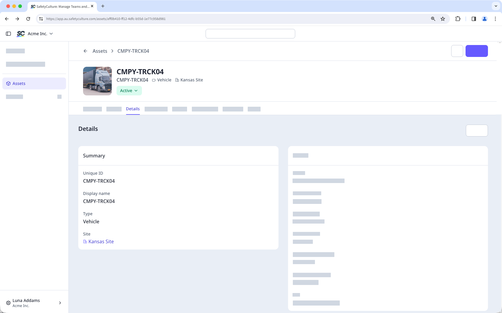 The asset profile page showing the Details tab with the asset's Unique ID, Display name, Type, and Site.