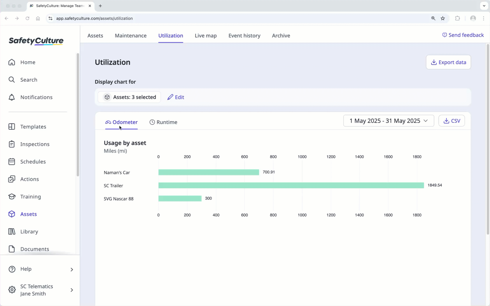 Switch between odometer and runtime utilization charts via the web app.