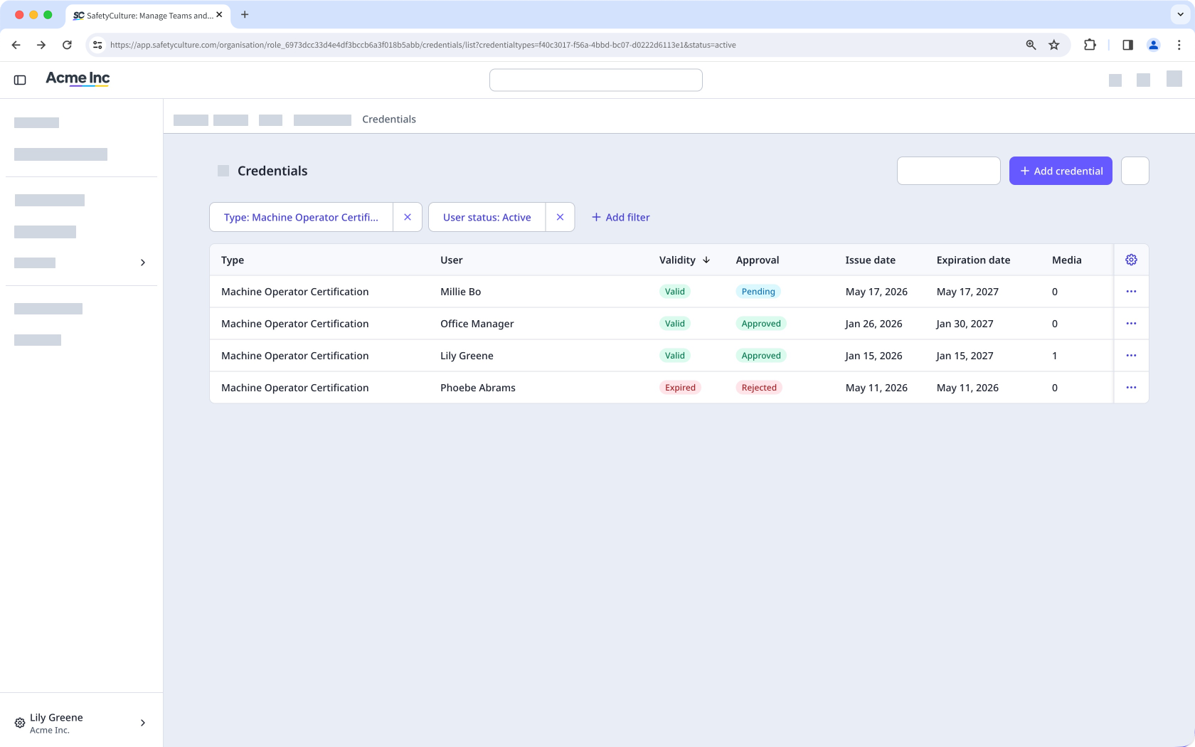 A credential type page listing credentials with their status, validity dates, and attached media.