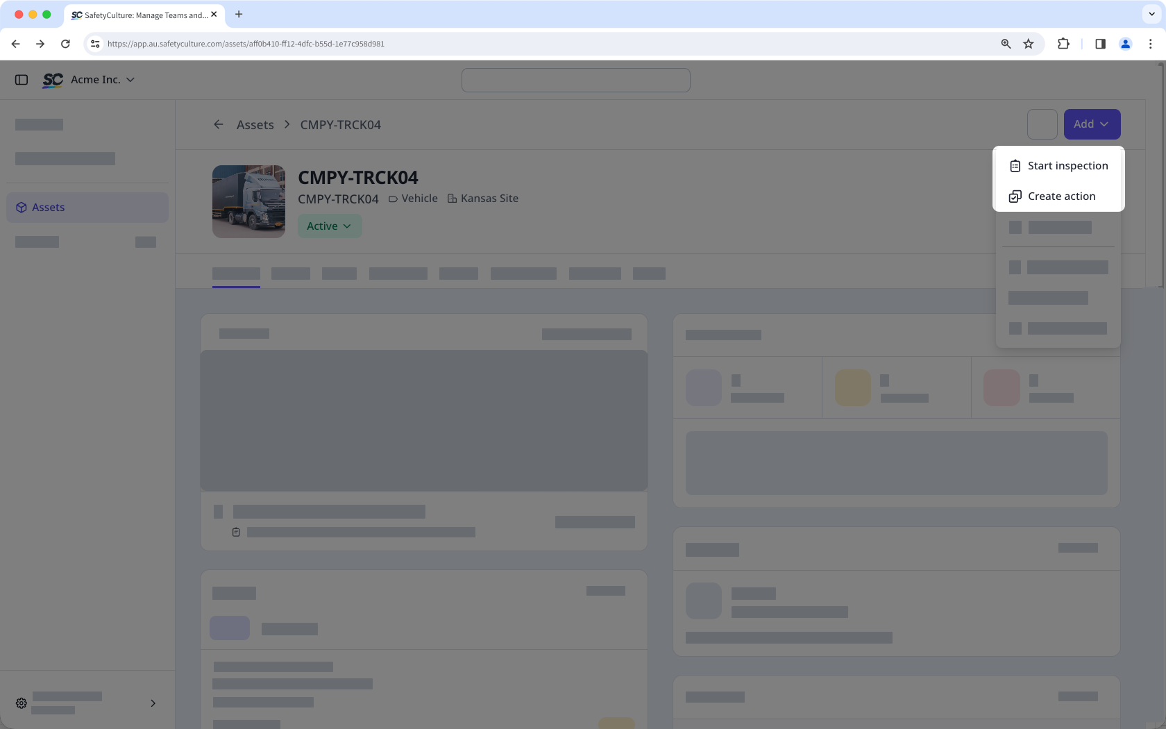 The asset profile showing the menu with the "Start inspection" and "Create action" options.