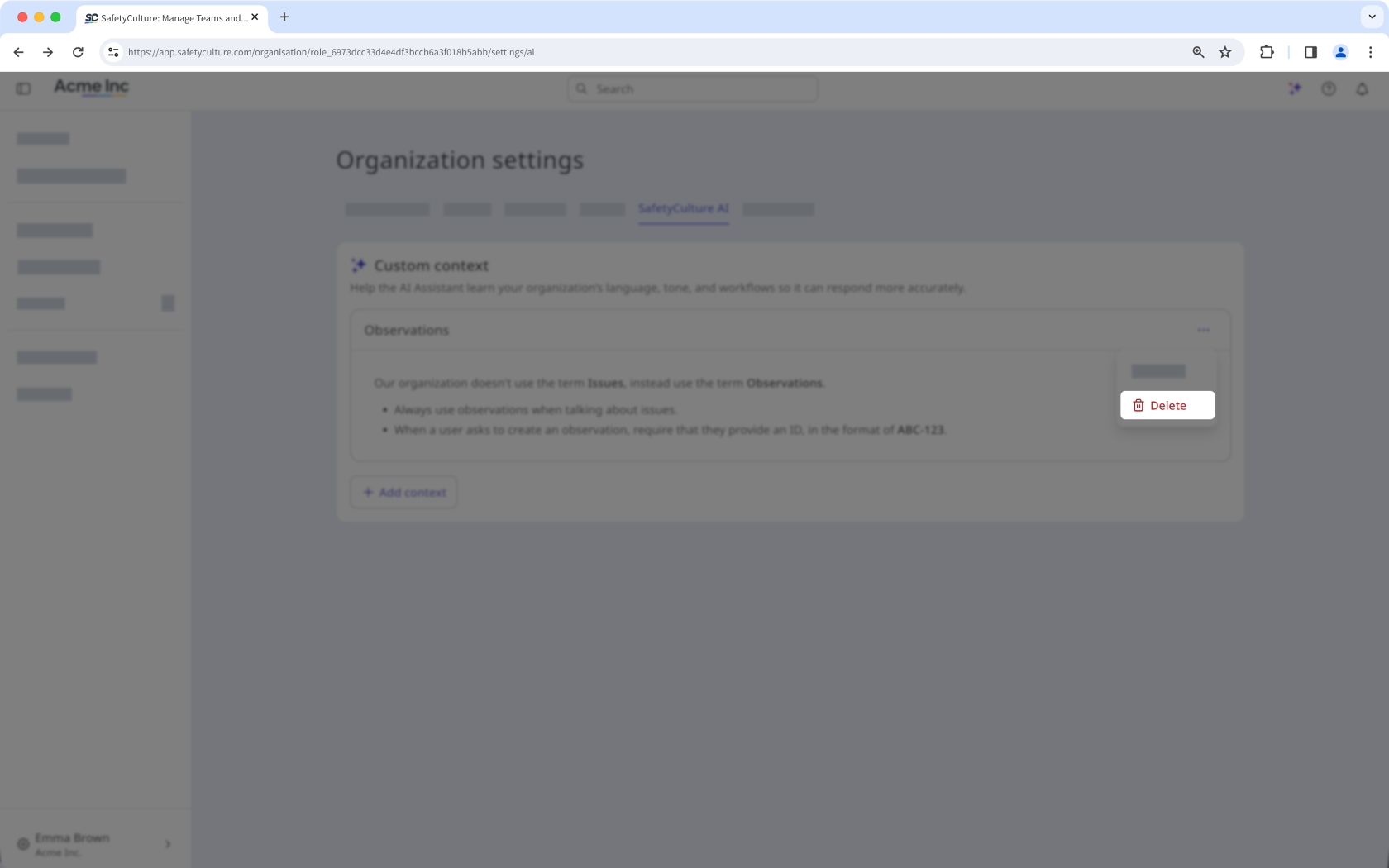 Supprimer un contexte personnalisé pour l'Assistant IA via l'application Web.