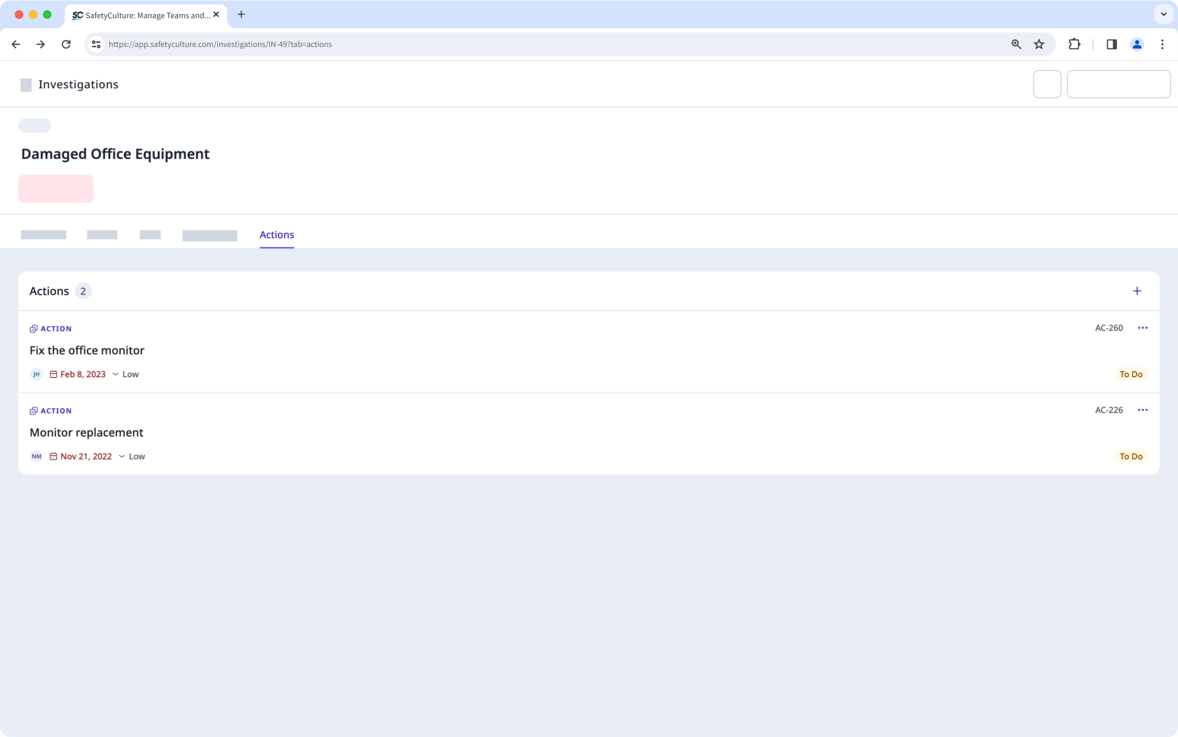 Actions tab in the investigations profile on the web app.