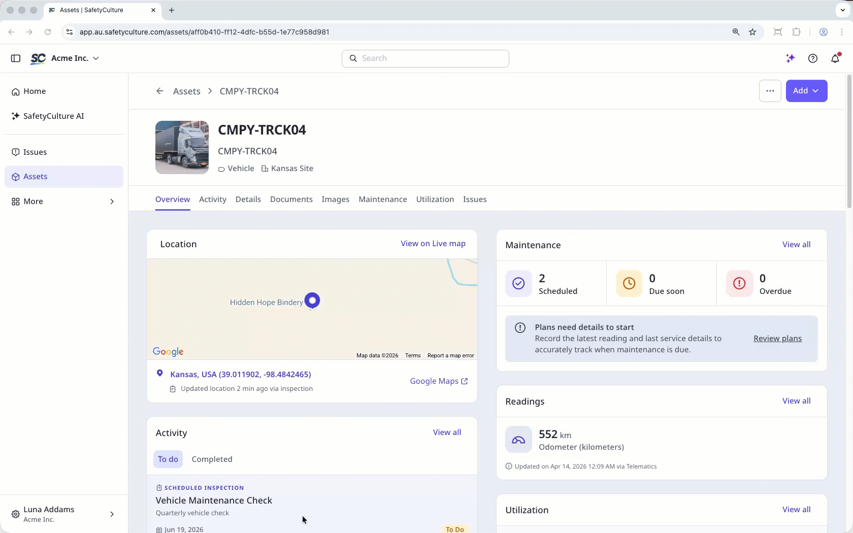 On the asset profile page, click the "activity" tab, and select the scheduled inspection.