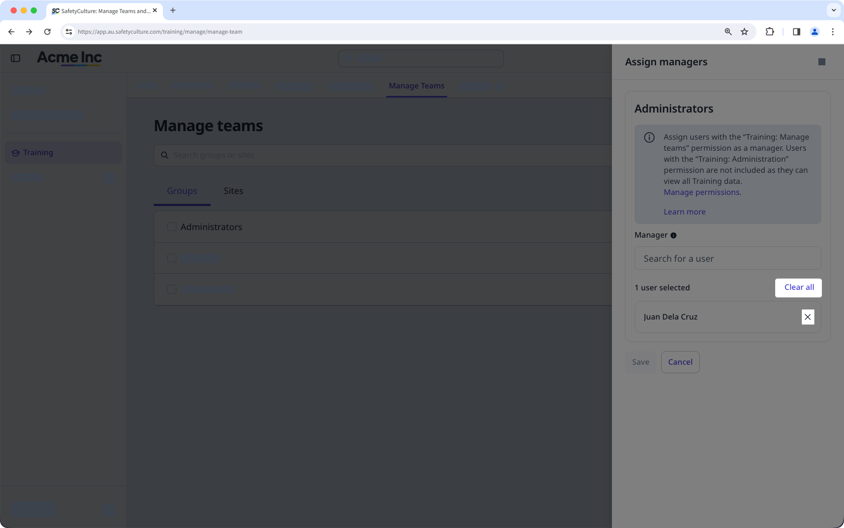 Unassign a team manager from a group via the web app.