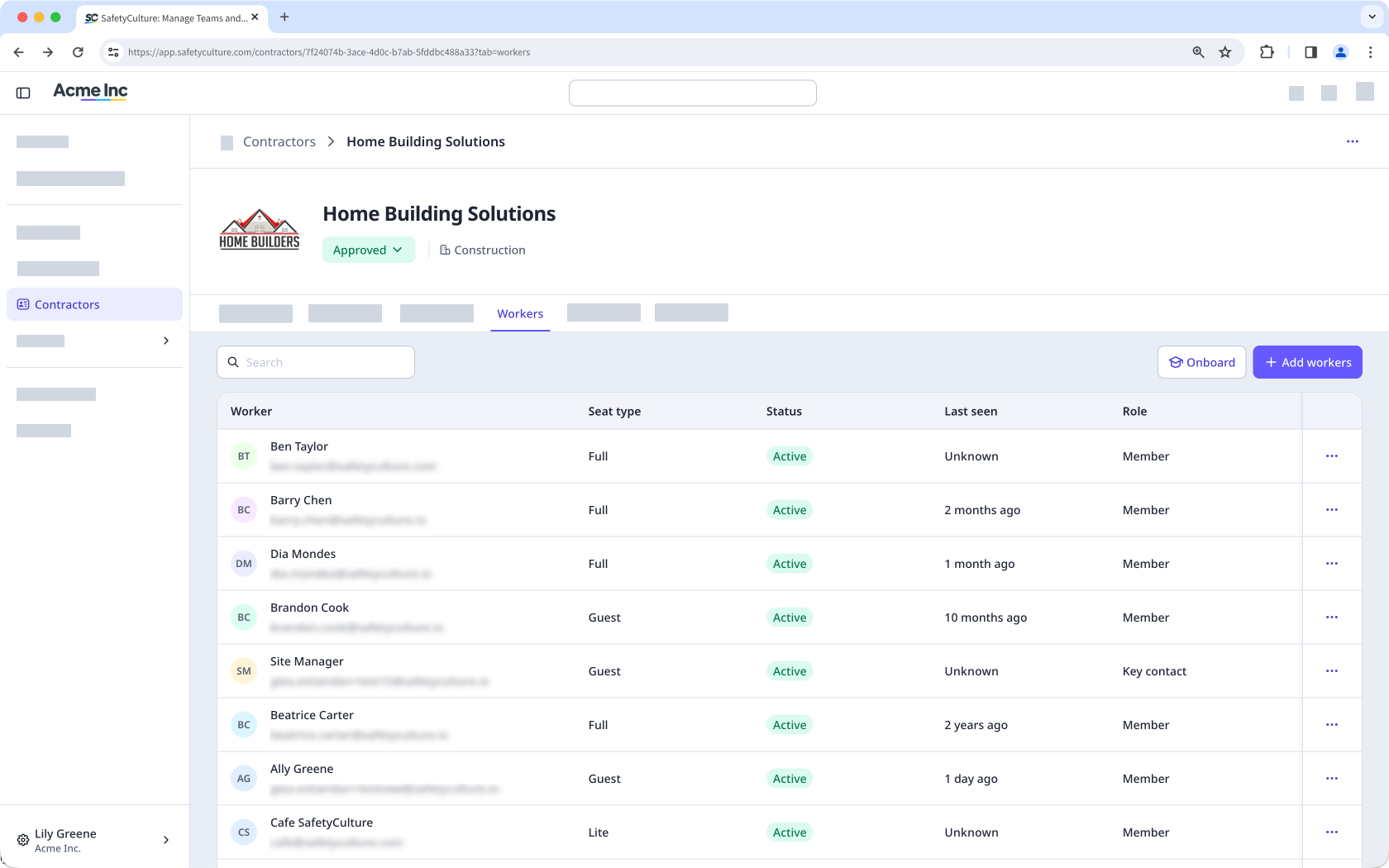 The Workers tab in the company profile showing a list of workers associated with the company.