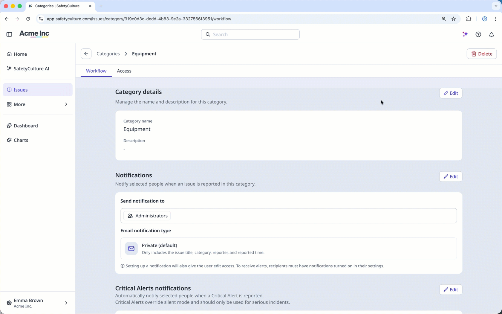 Customize workflow settings of an issue category.