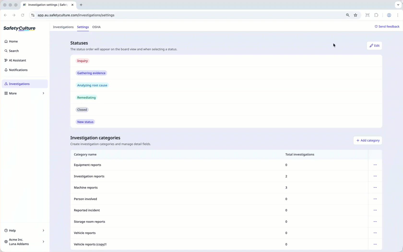 Create a new custom status in the investigation settings page.