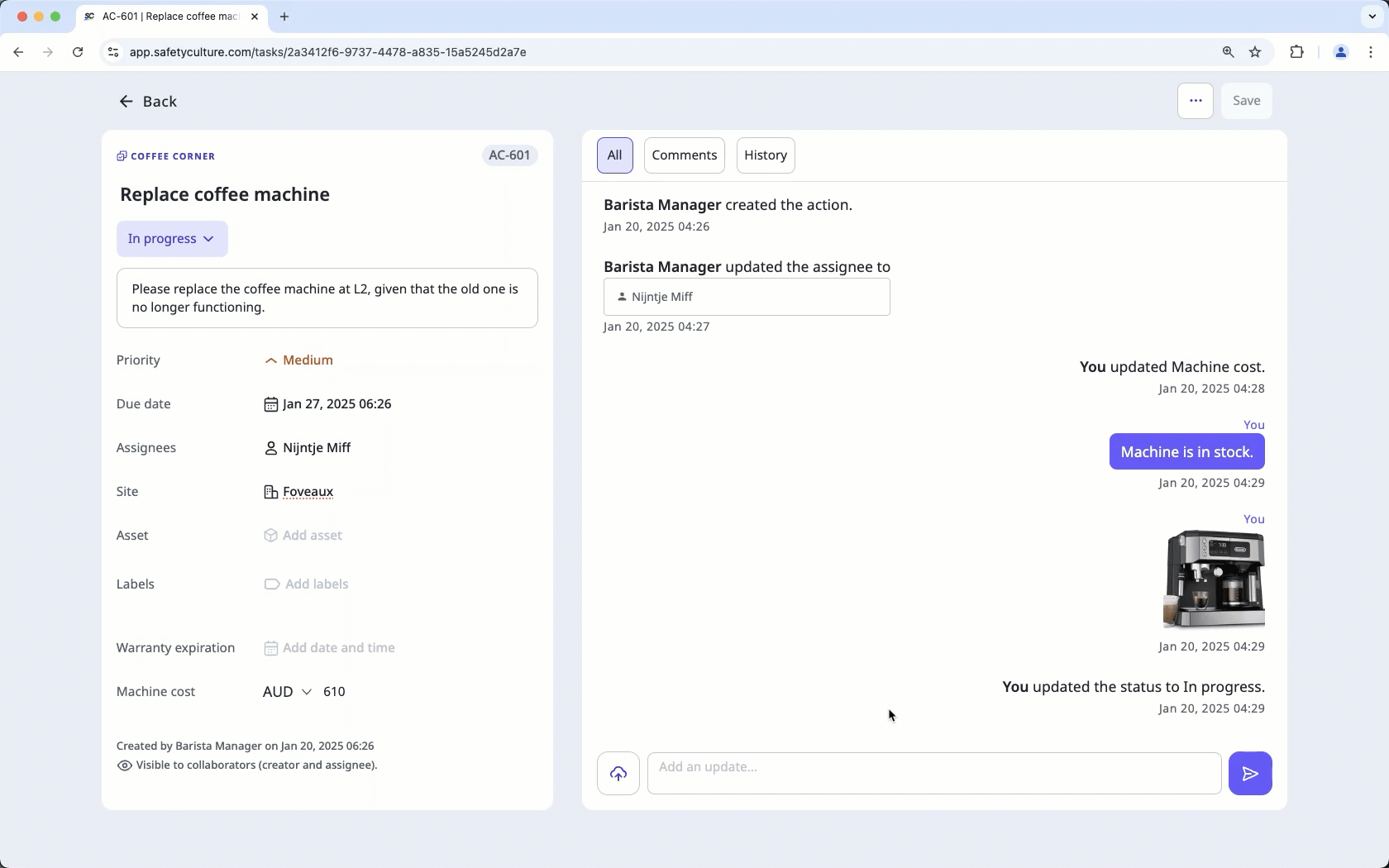 Require evidence for created actions via the web app.
