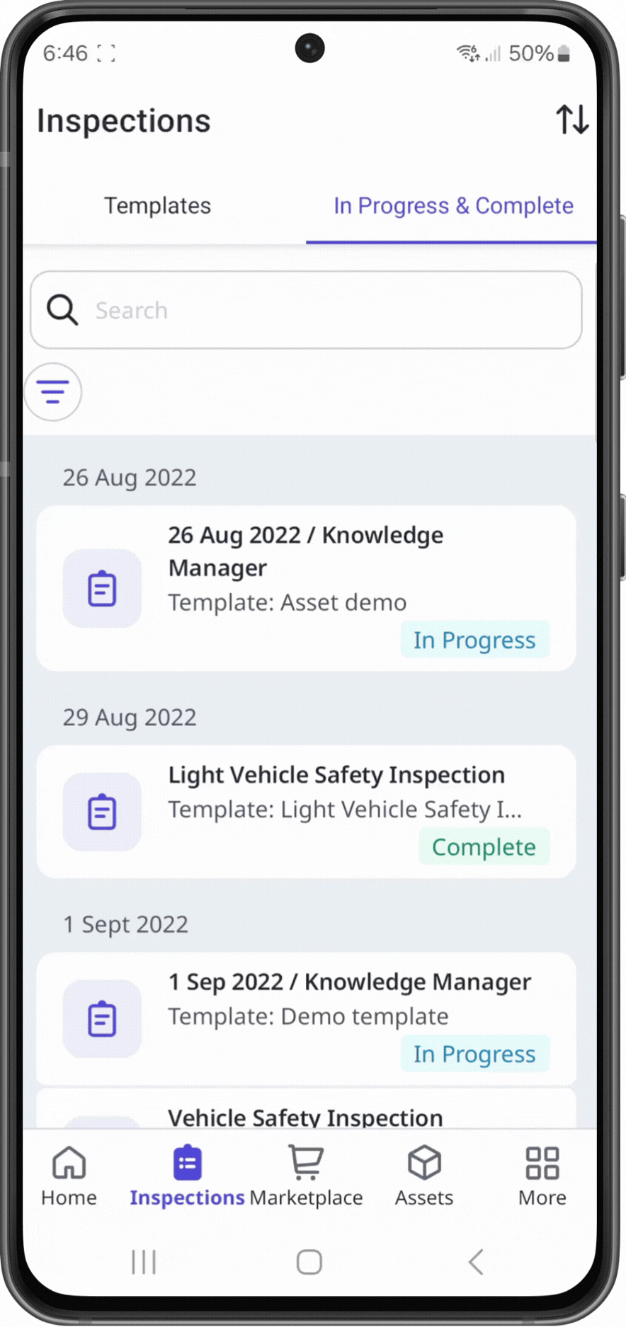 Sort your inspections via the Android mobile app.