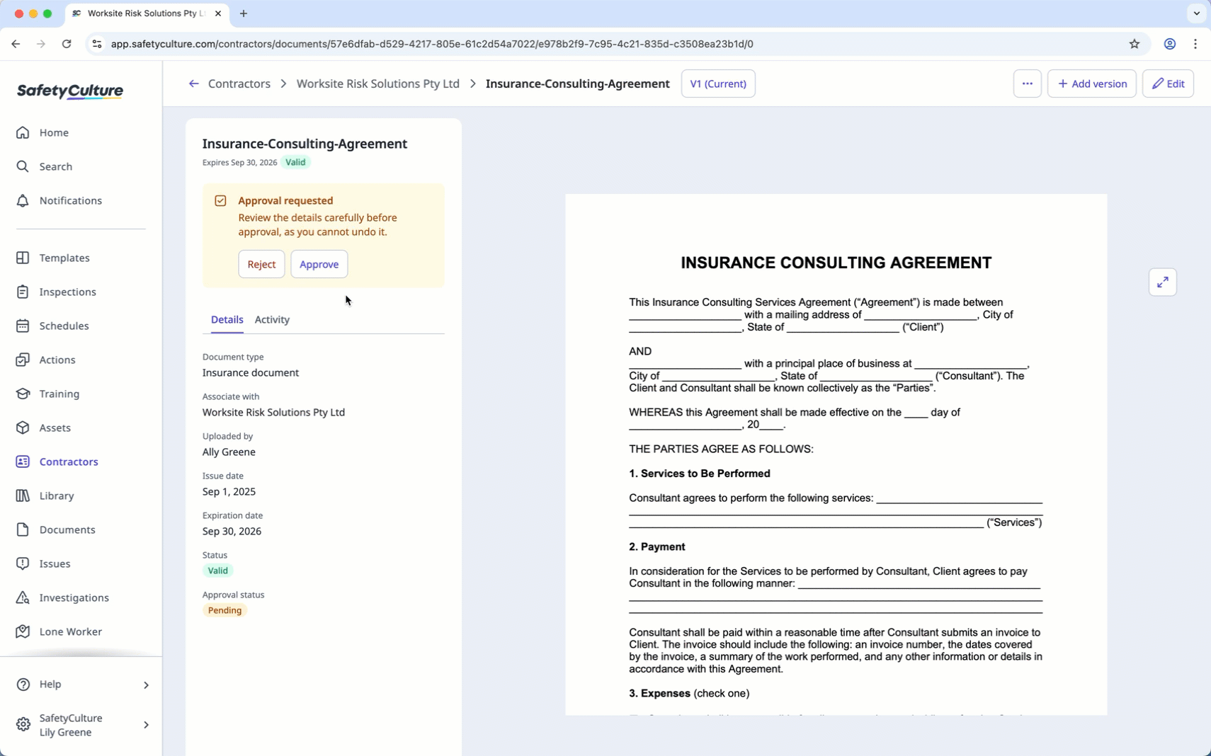 Approve a company document via the web app.