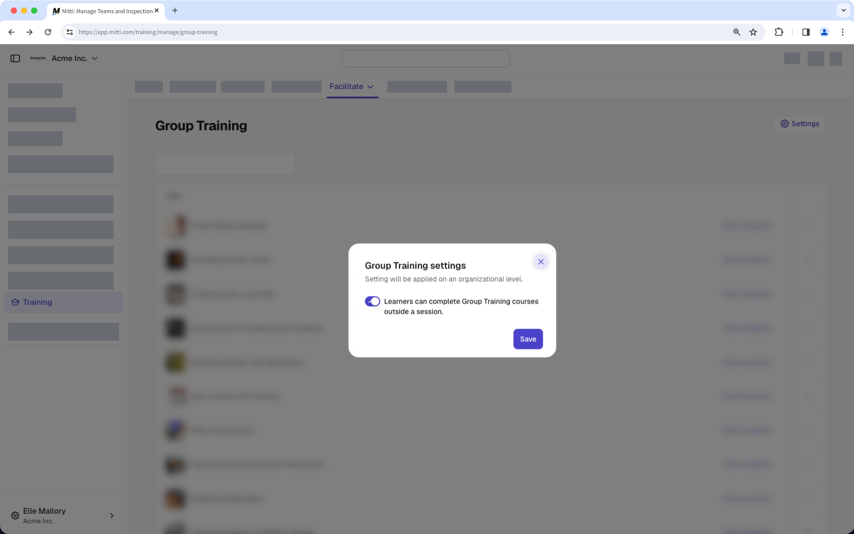 The Group Training settings pop-up window with the completion toggle turned on.