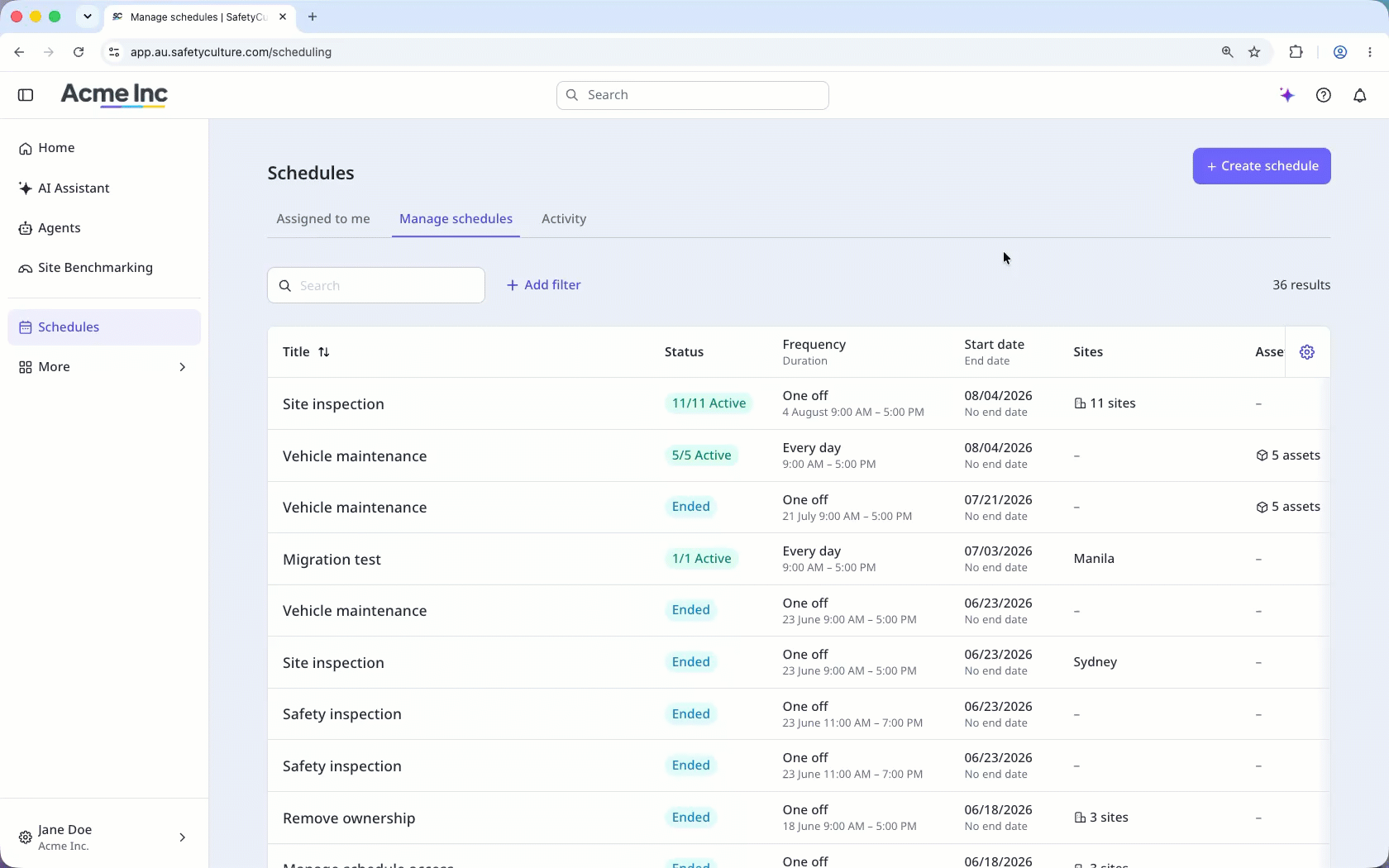 Click a main schedule to view its sub-schedules.