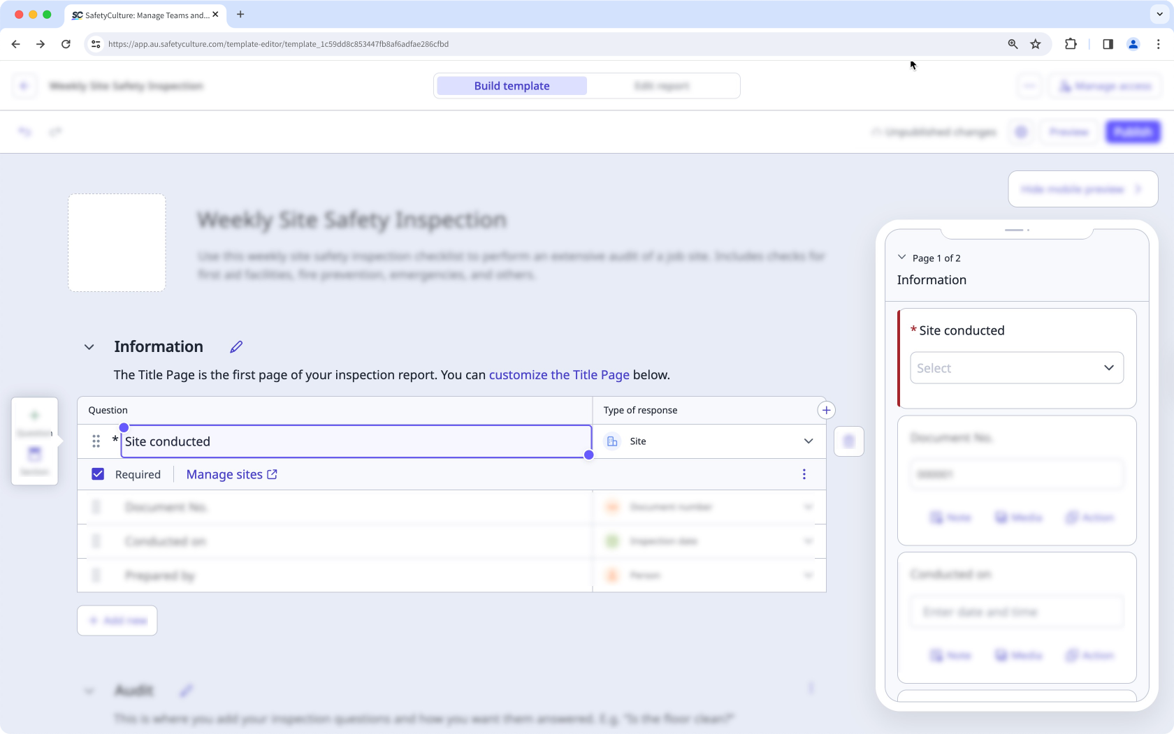 Manage the site question in a template in the web app.