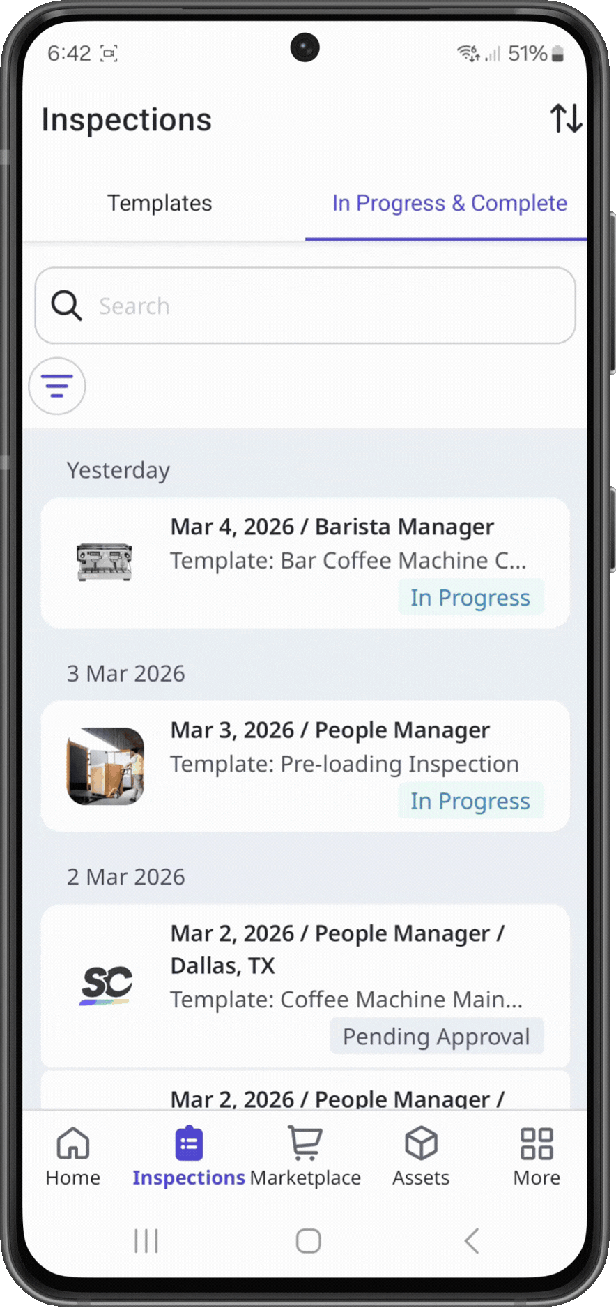 Filtern von Inspektionen über die mobile Android-App.
