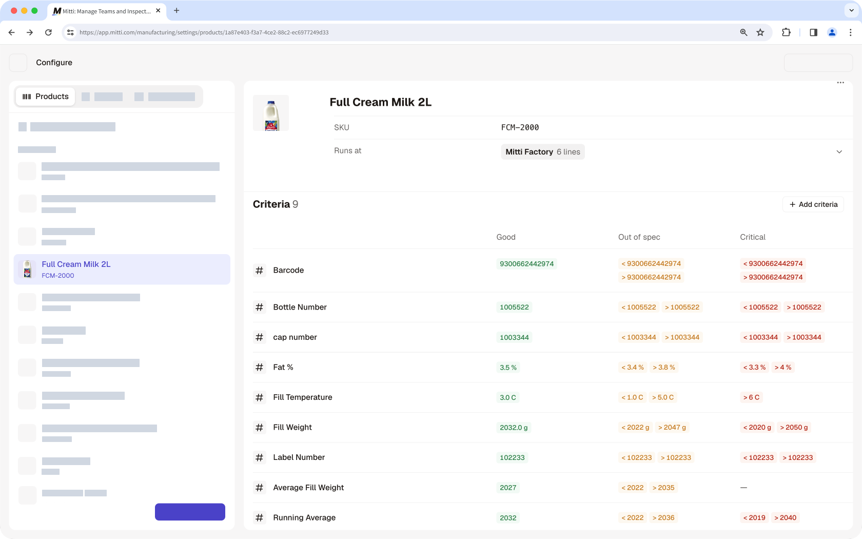 Ein Beispiel für ein Produkt, dessen Kriterien im Modul „Produktion“ der Web-App aufgeführt sind.