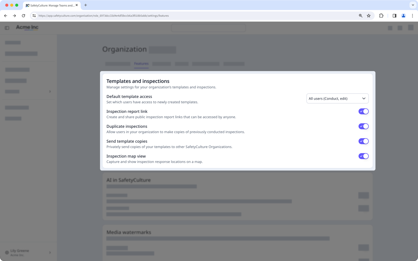 The Features tab in Organization settings with the settings for templates and inspections visible.