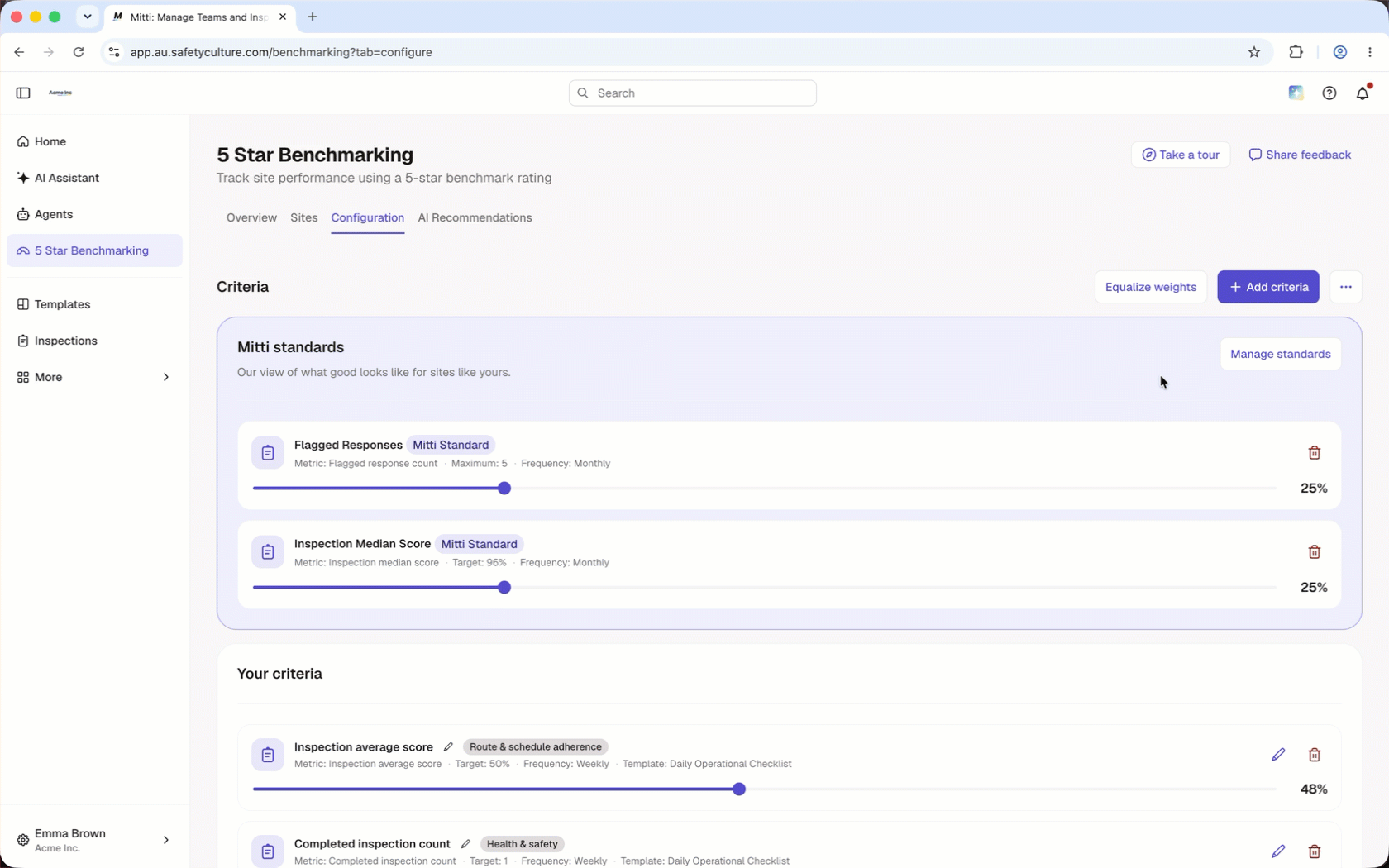 Selecting Mitti Standards in the Configuration page to add them to the benchmarking criteria.