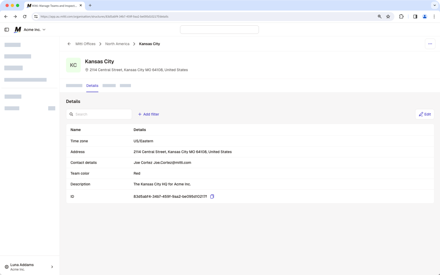 The Details tab of a site profile with organization fields.