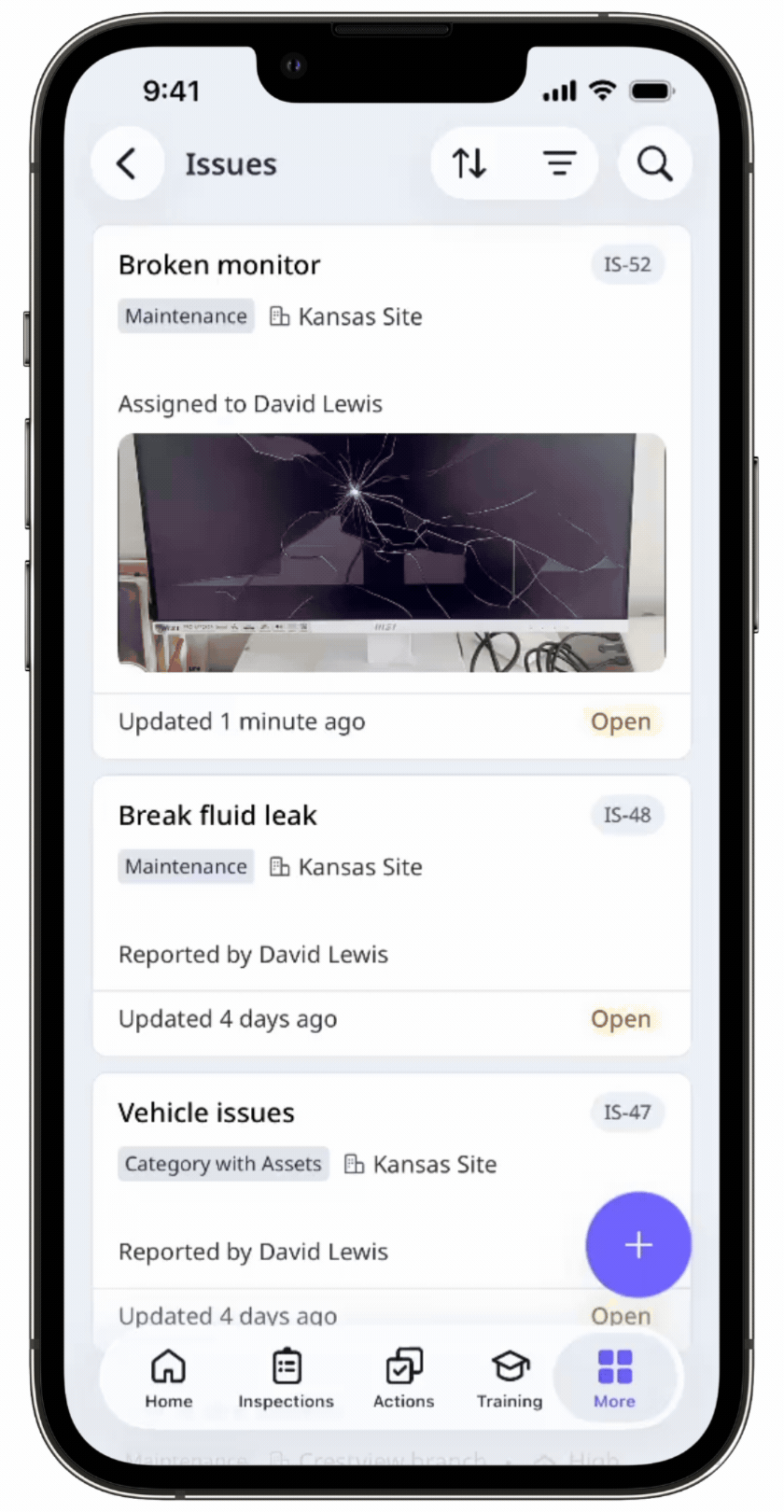 Tap an issue and update its details, including status, priority, and custom questions, via the mobile app.