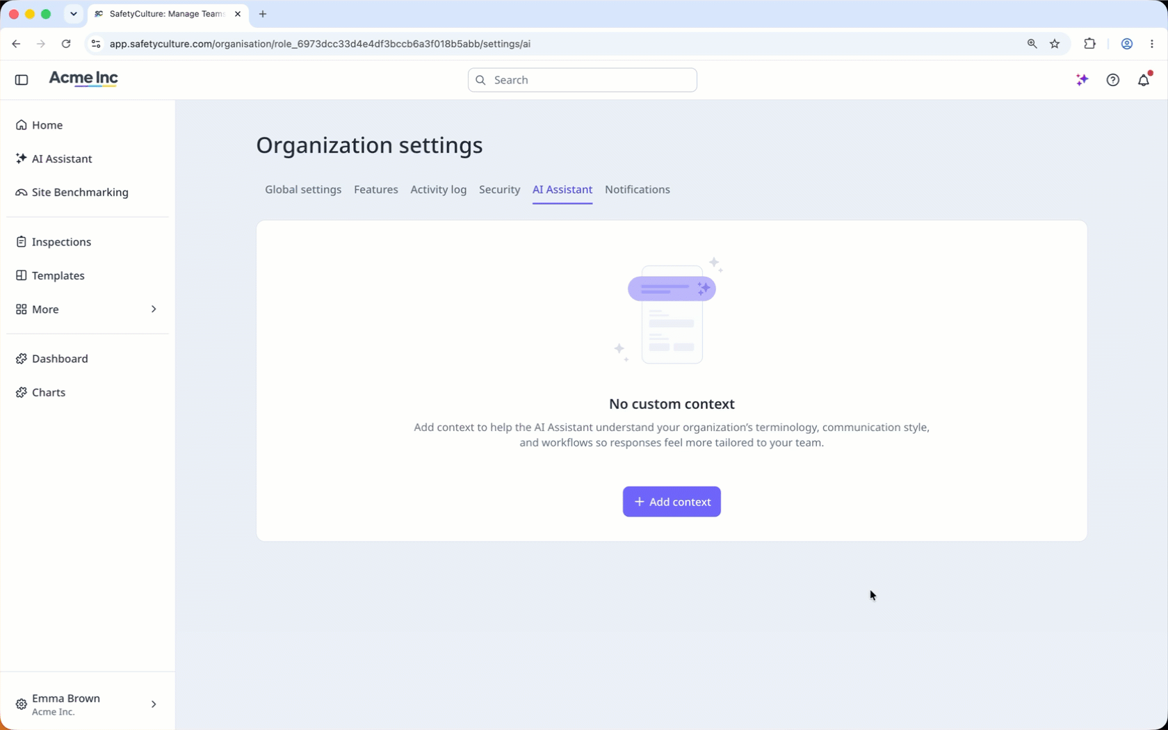 Add a custom context for your AI Assistant via the web app.
