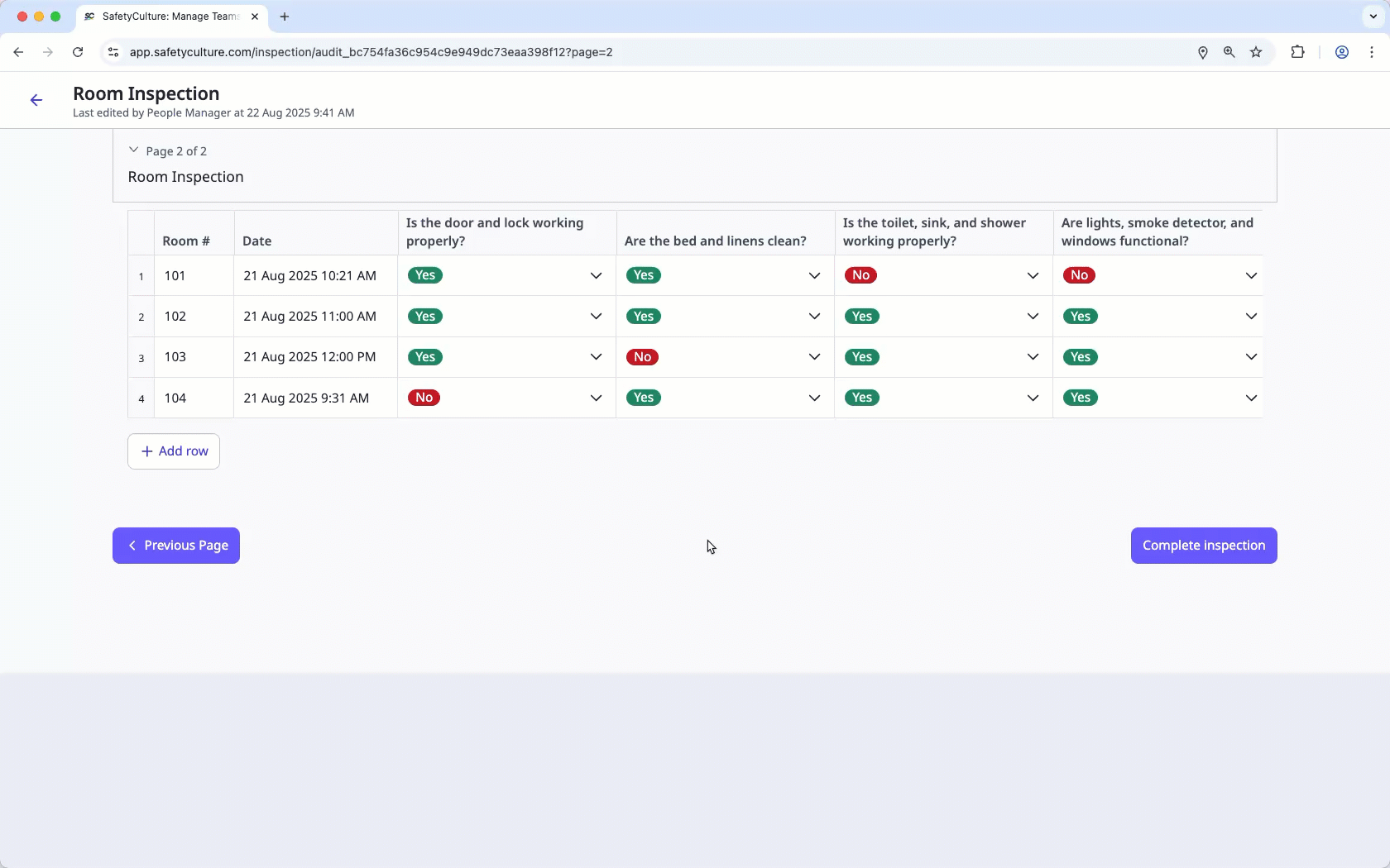 Delete a row in tables while conducting an inspection via the web app.
