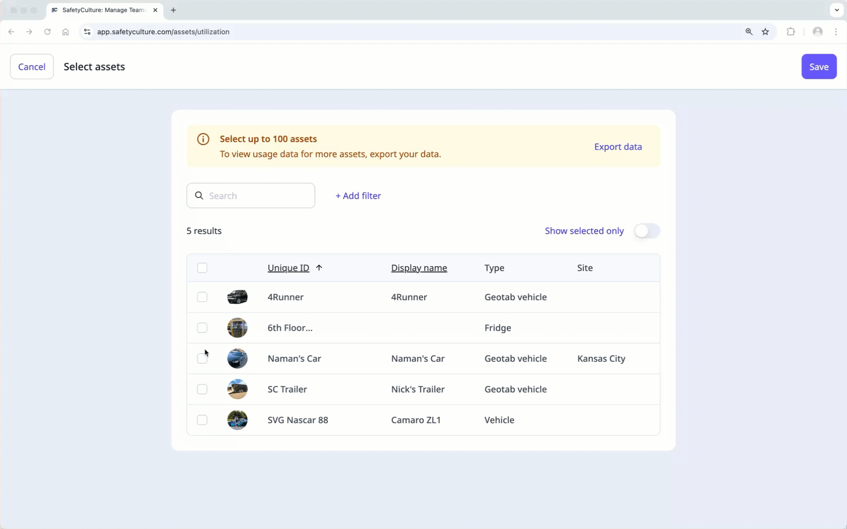 Select assets for the utilization chart via the web app.