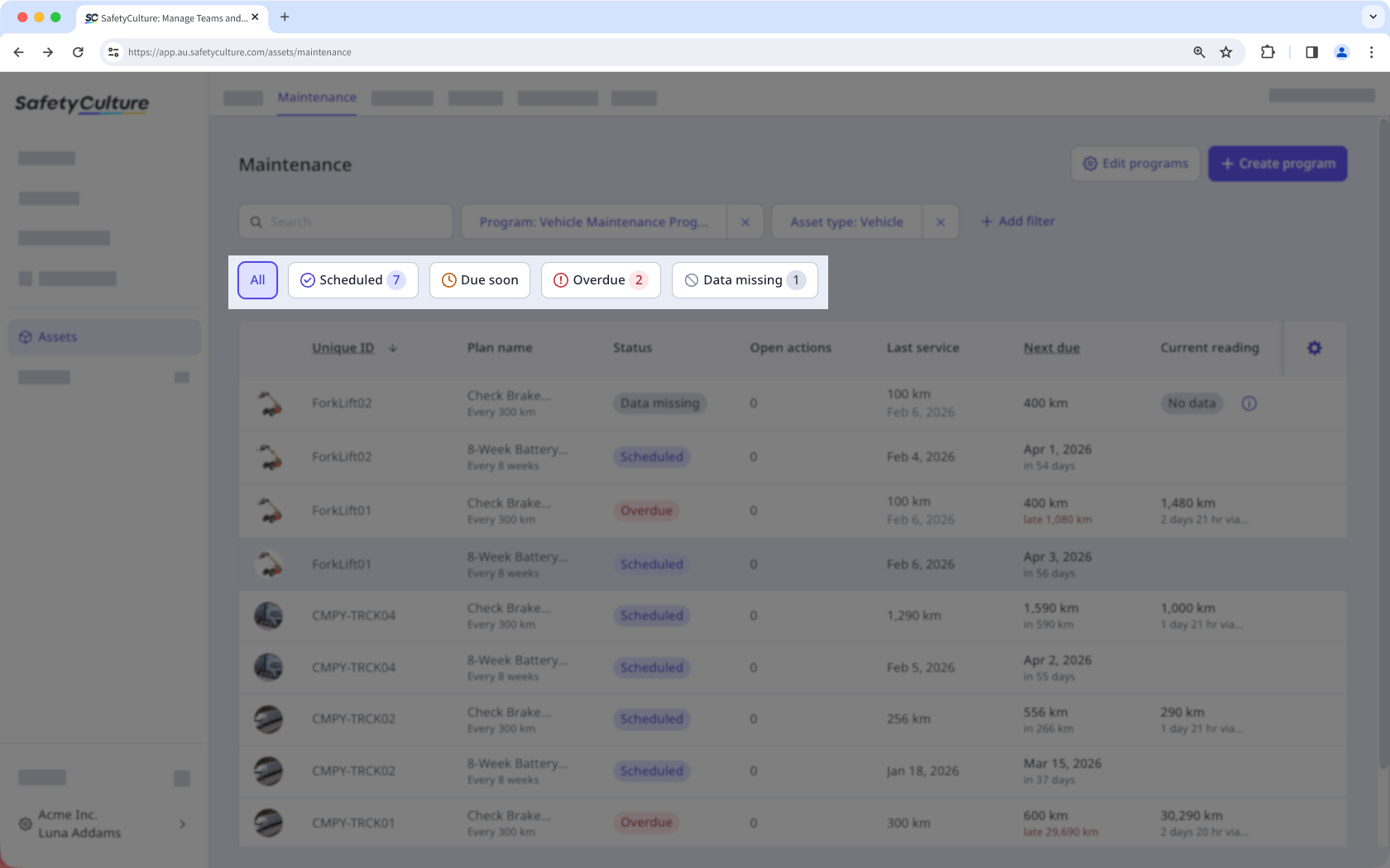 Seleccione un estado del plan de mantenimiento de activos a través de la aplicación web.