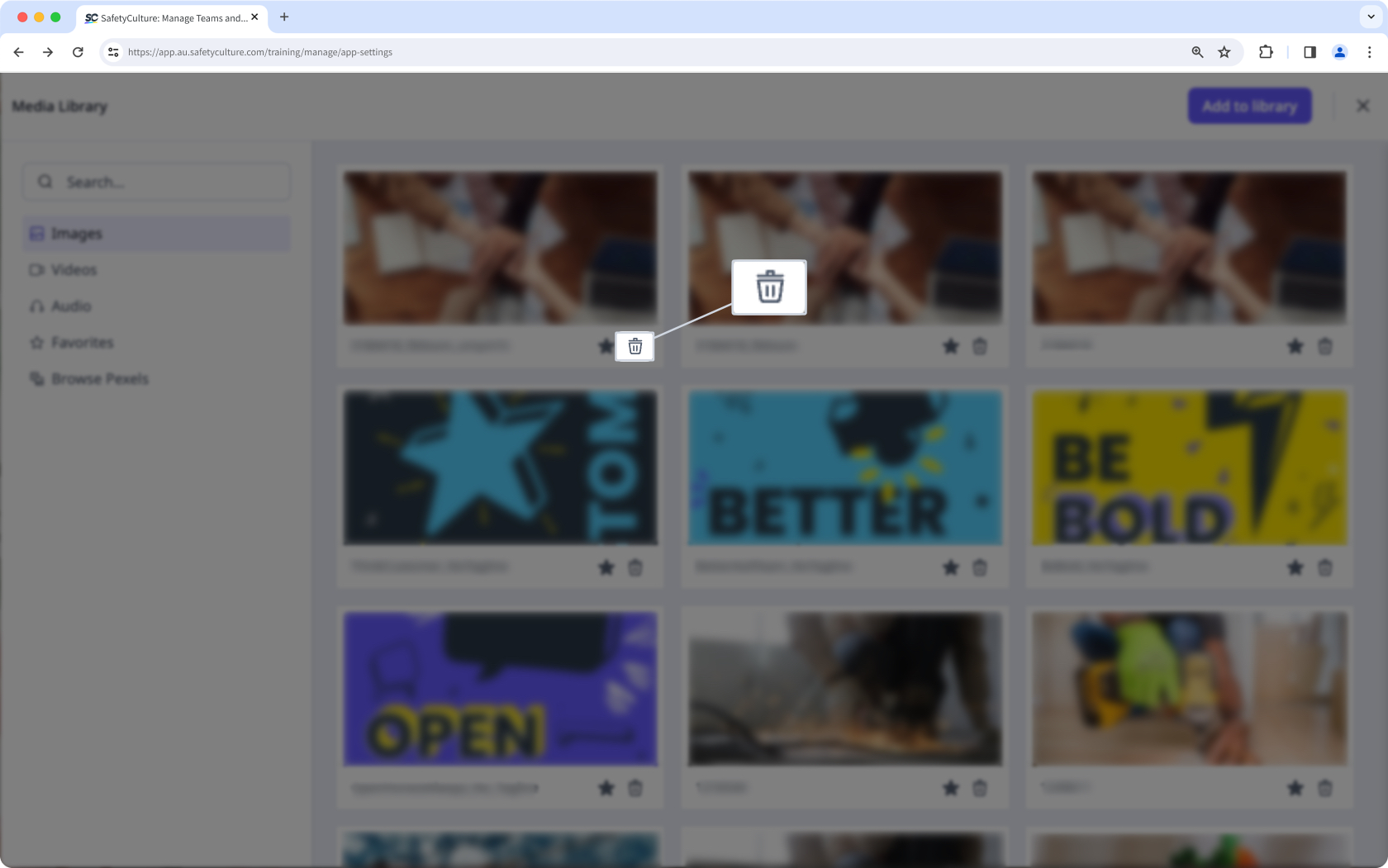 Delete a media asset in the Media Library via the web app.