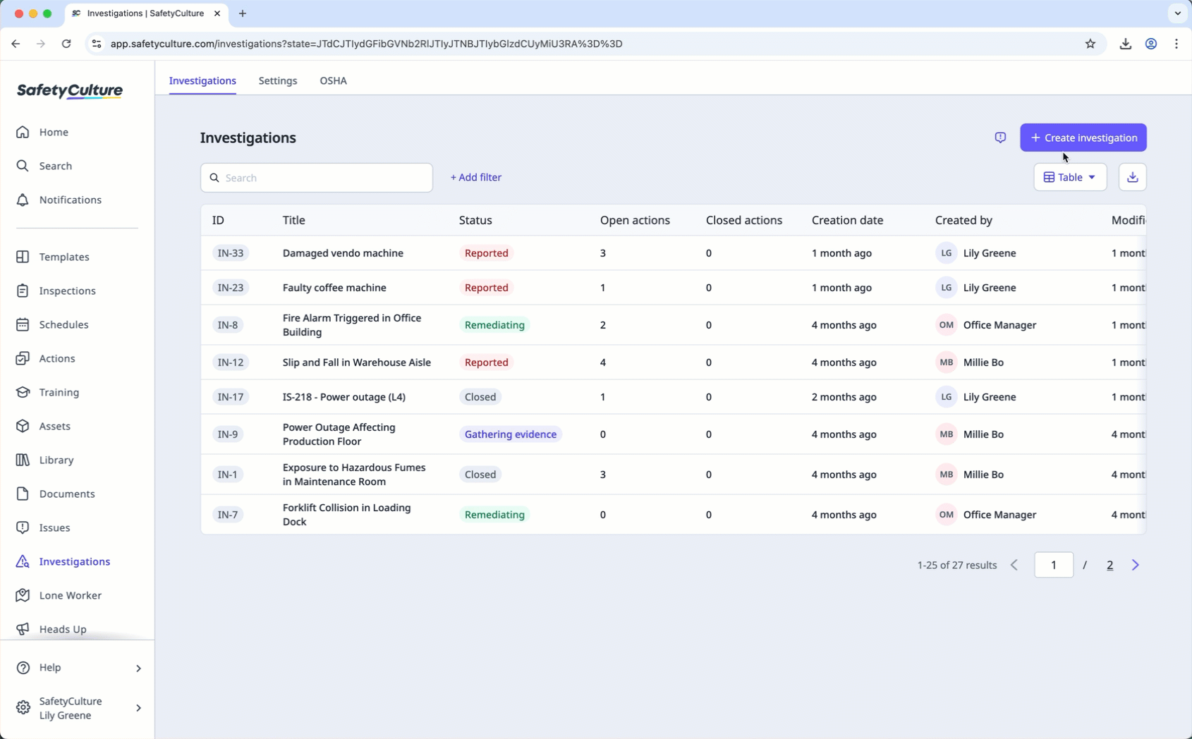 Create an investigation via the web app.