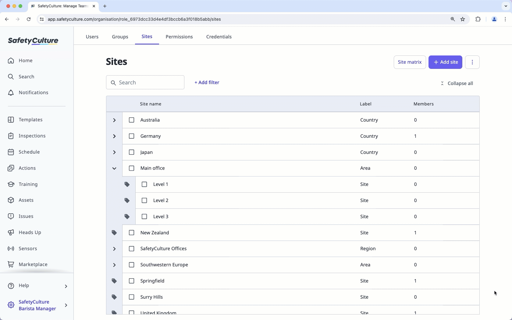 Eliminar un sitio de su organización a través de la aplicación web.