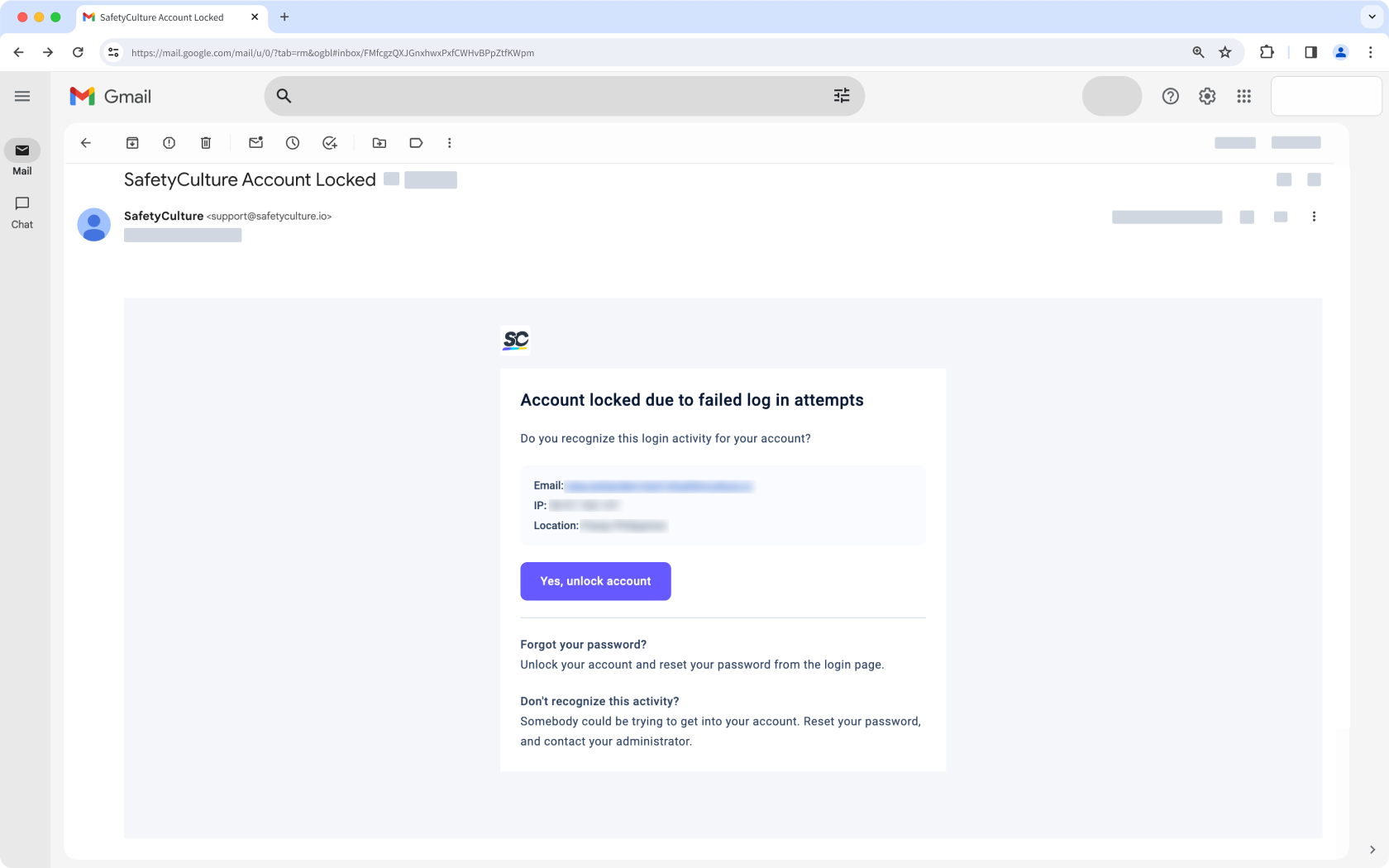 An example "account locked" email via the web app.