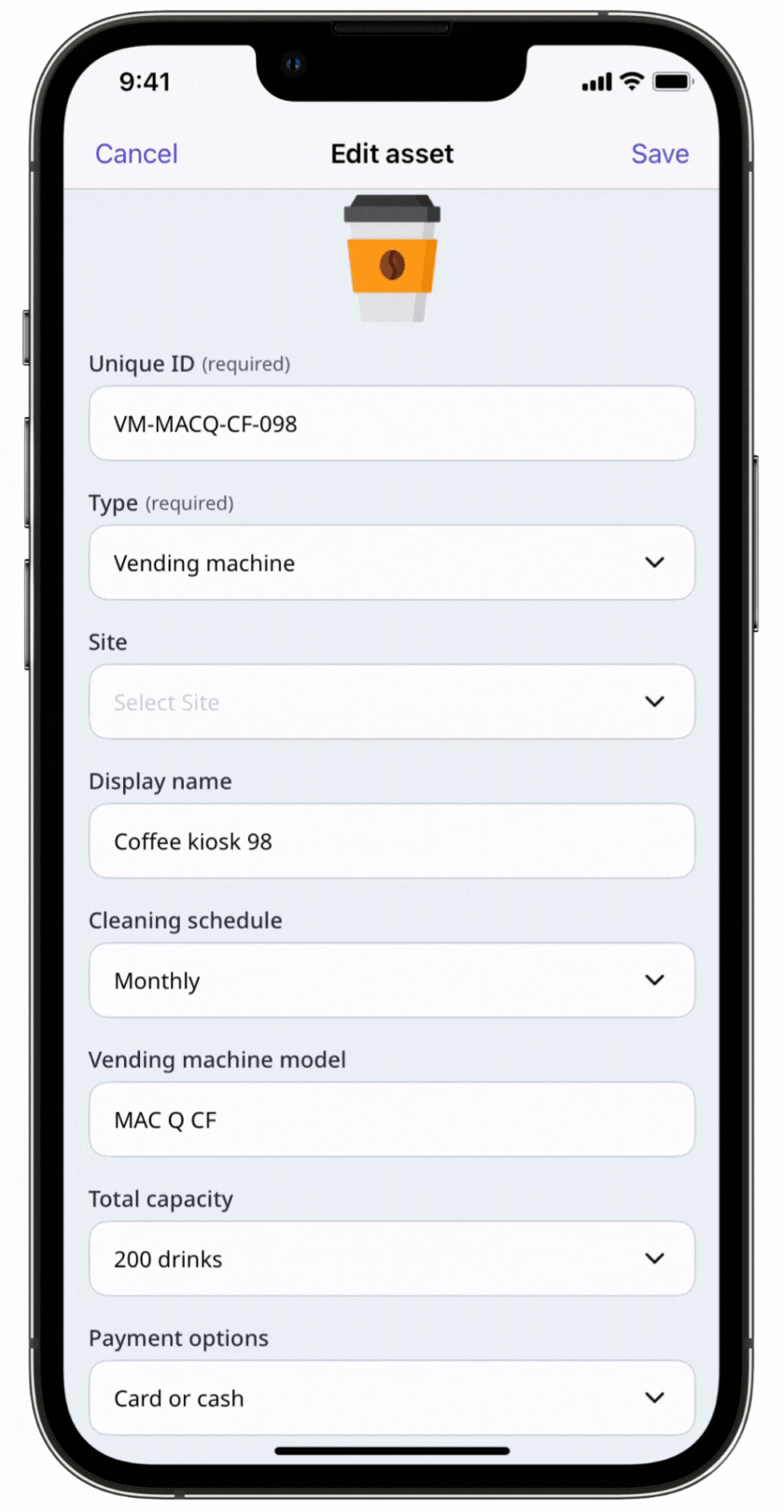 Mithilfe der Mobile-App ein Asset zu einem Standort hinzufügen.