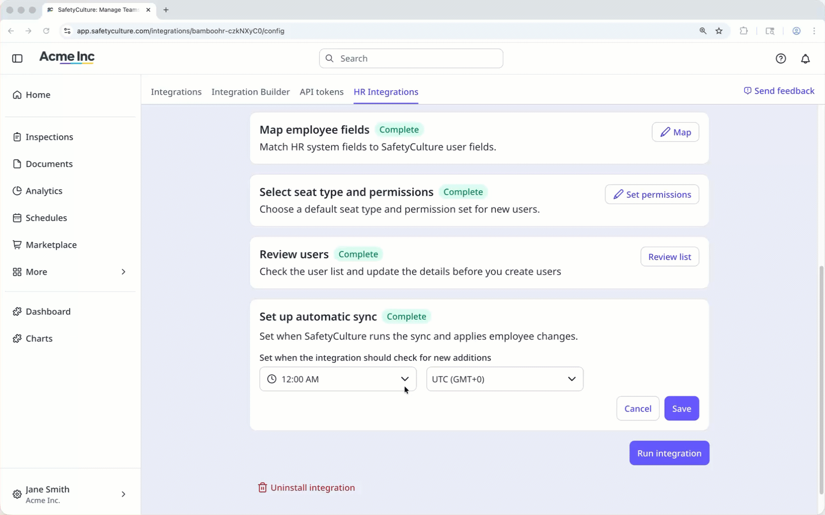 Set a schedule for when the automatic sync runs between your HR system and SafetyCulture.
