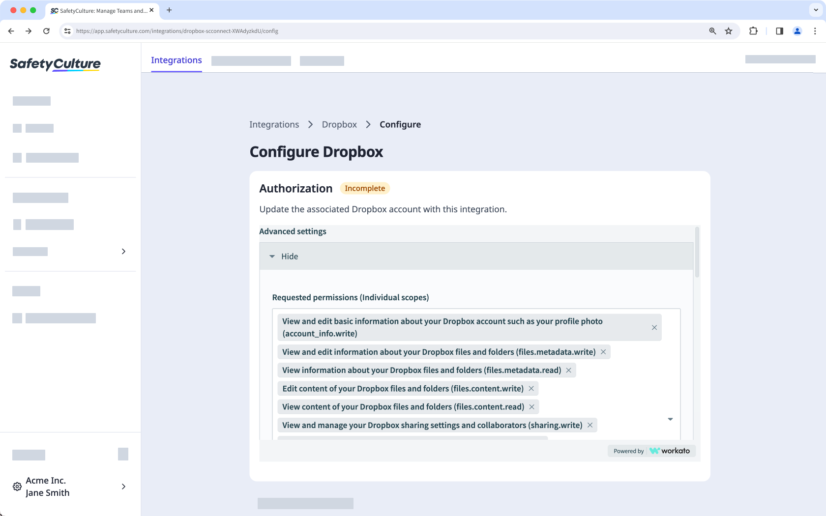 Dropbox-Integration über die Web-App konfigurieren.