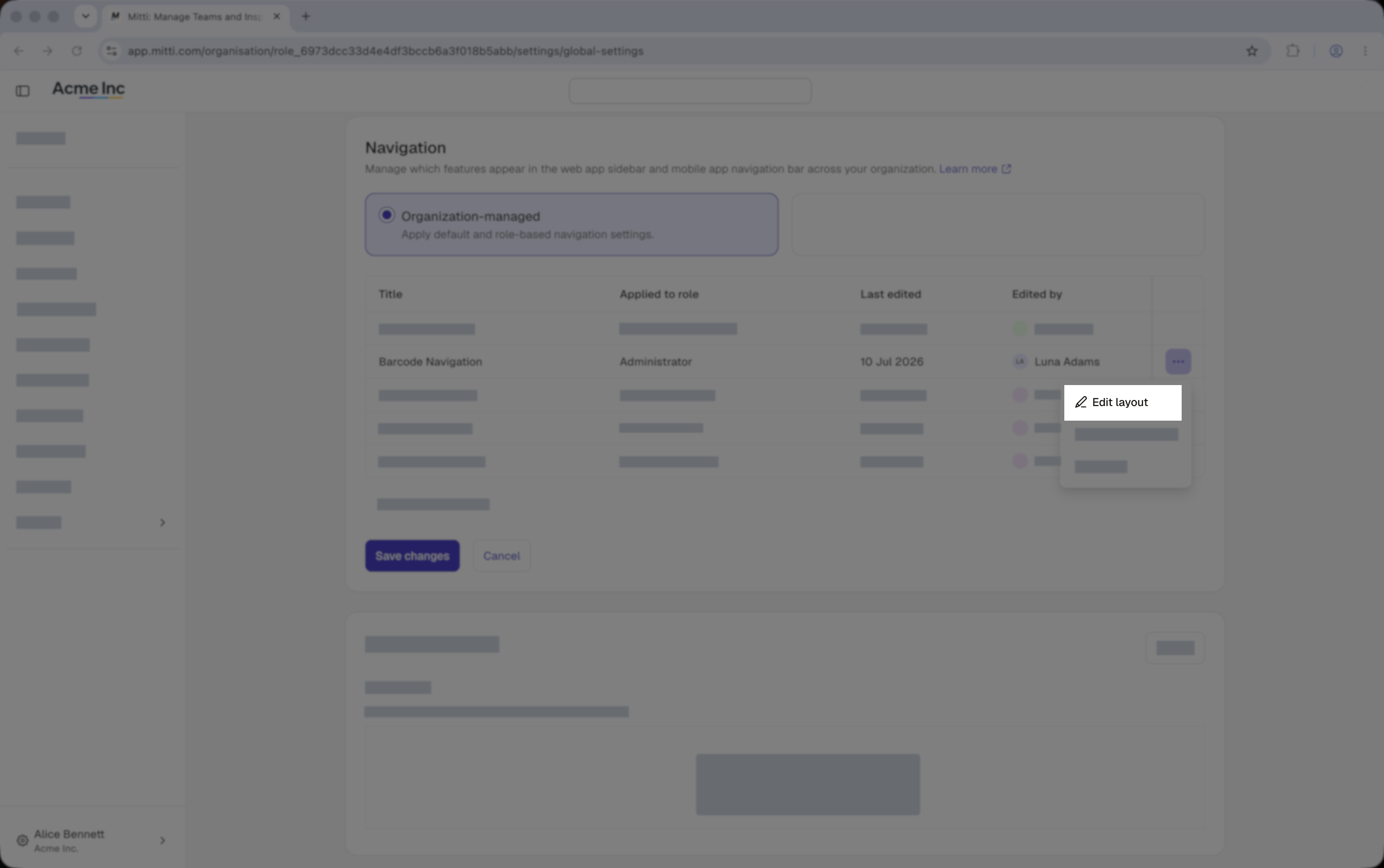 The ‘Edit layout’ button for an organization-managed navigation layout.