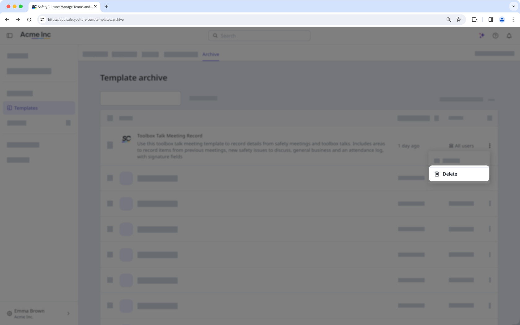 The template archive page showing the option to delete a template.