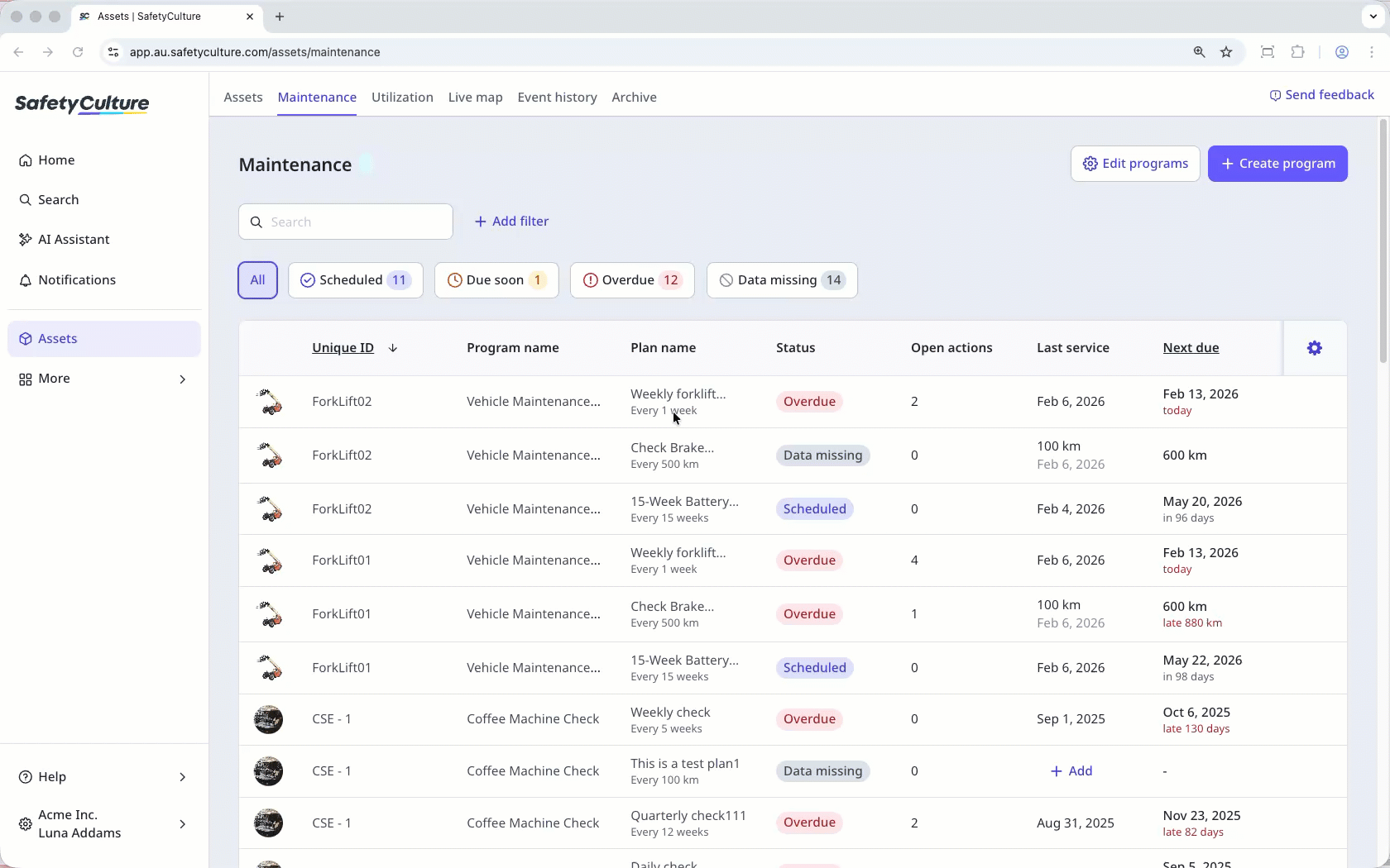 Select an asset with a maintenance plan and open the "action" tab on the side panel to see actions created for the maintenance plan.