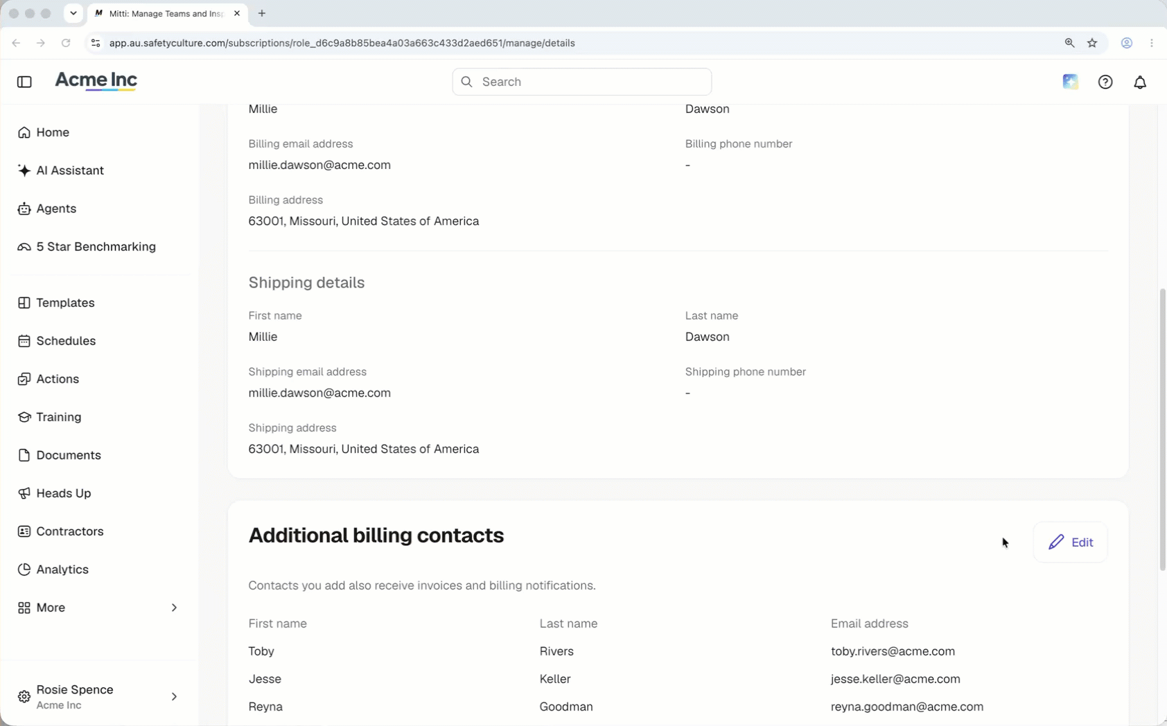 Click Edit and then delete the billing contact you want to remove.