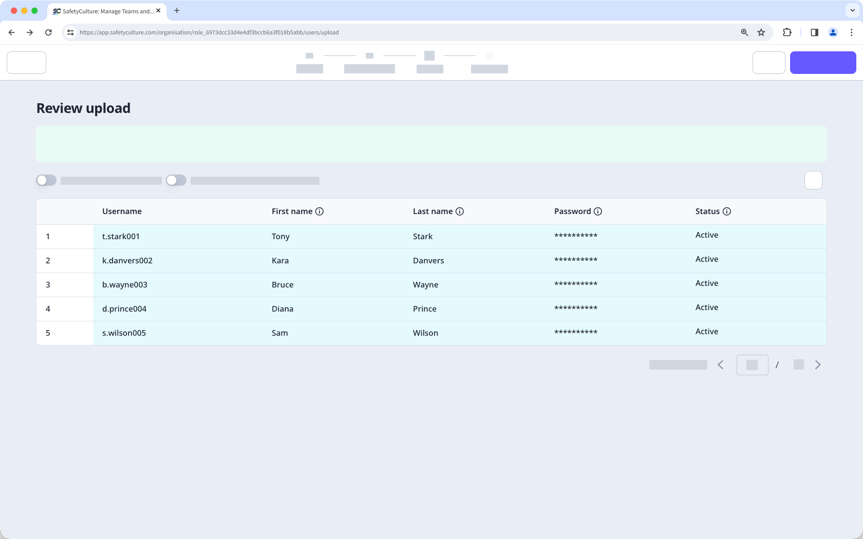 The "Review" step of the bulk user upload flow on the web app showing a list of username login users being added.