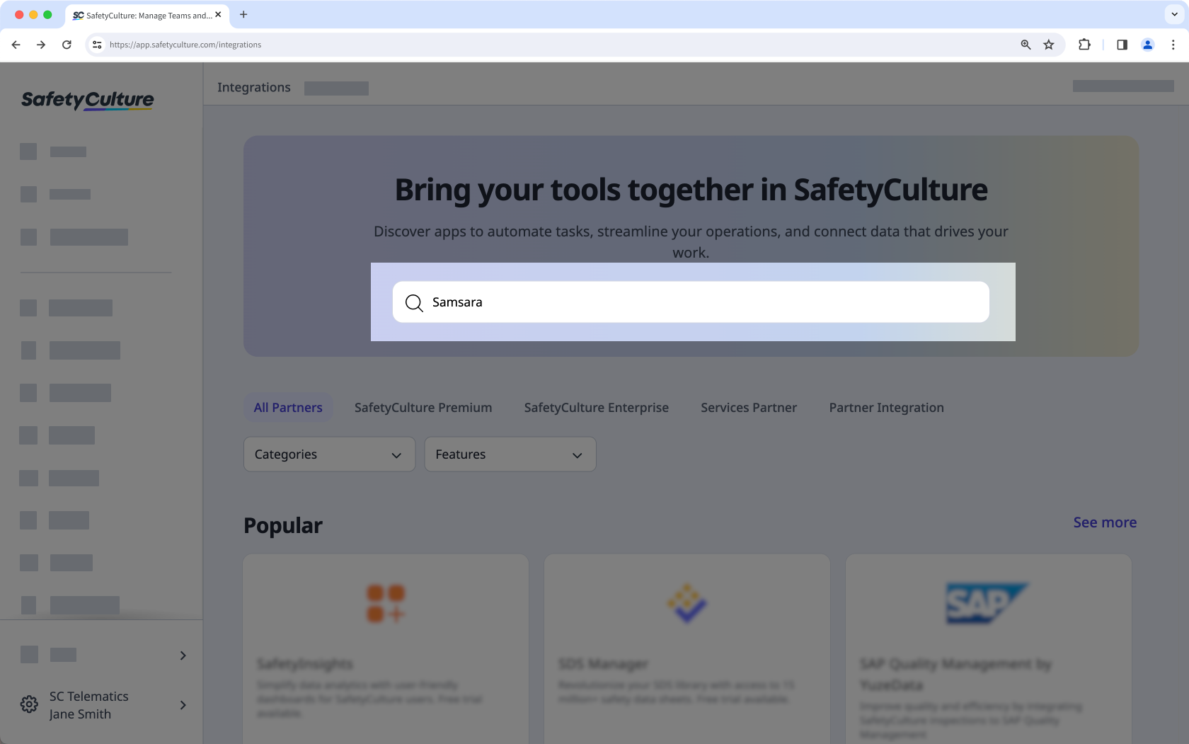 Search for Samsara integration via the web app.